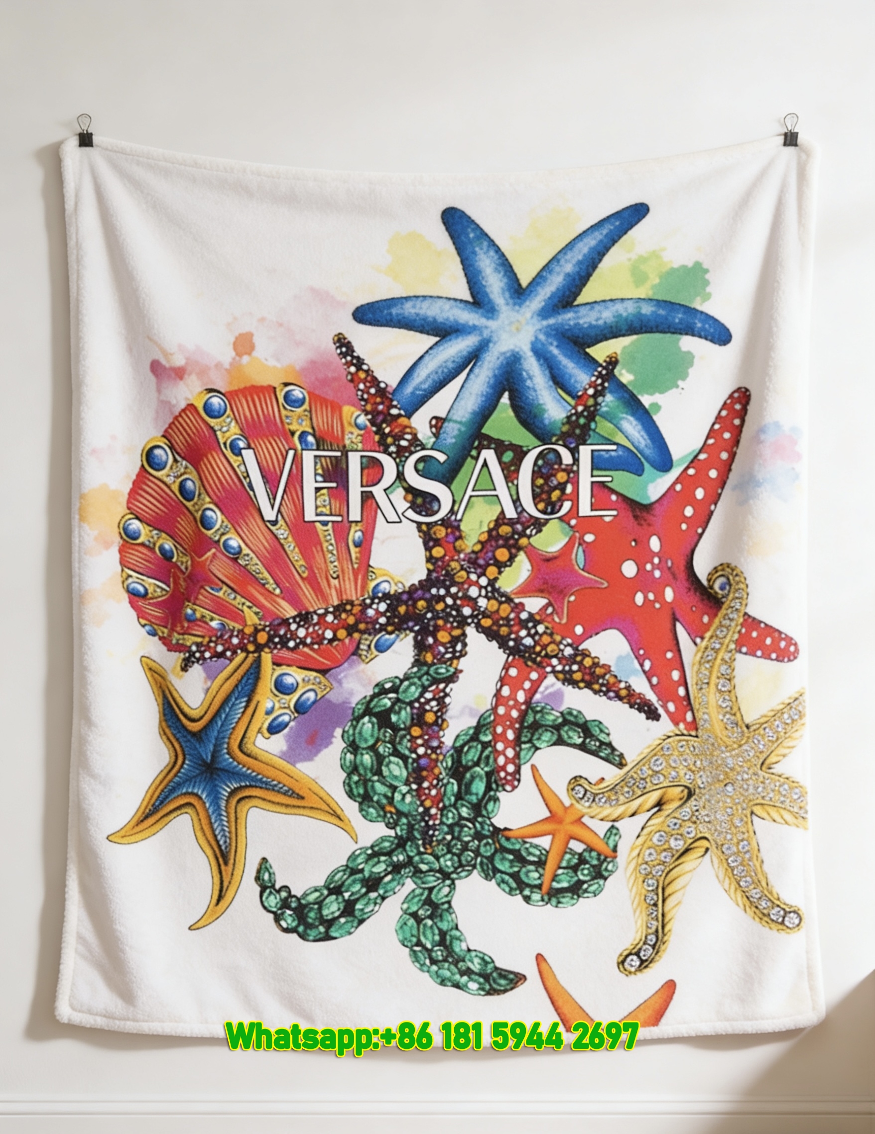 Versace Multicolor Starfish Octopus Ocean Print Flannel Sofa Throw Blanket IMG_1442